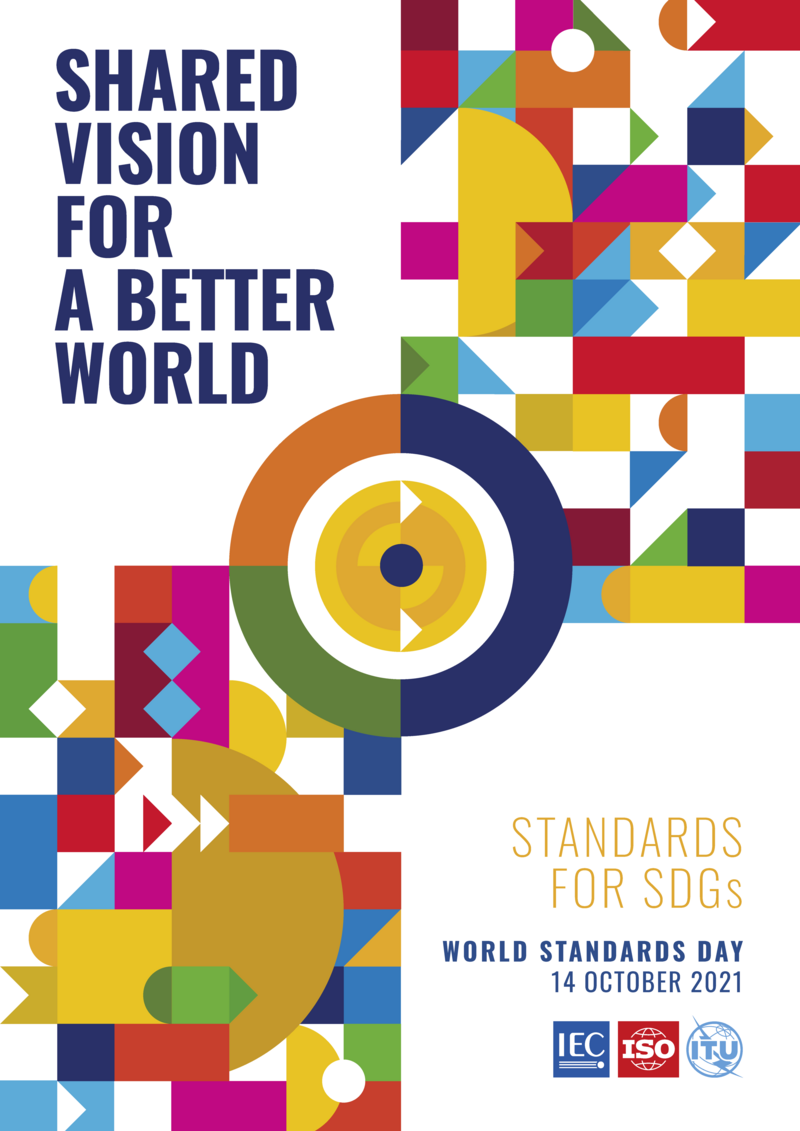 Buntes Poster zum Weltnormentag zeigt das Motto "Shared vision for a better world" und die Logos von IEC, ISO und ITU
