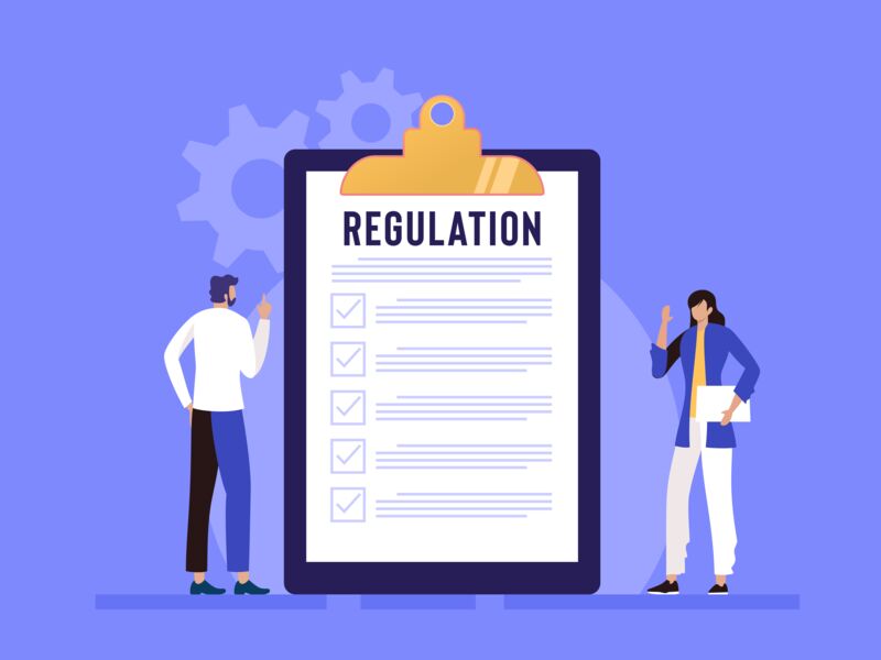 A collage of two people standing next to a clipboard labelled "Regulation".