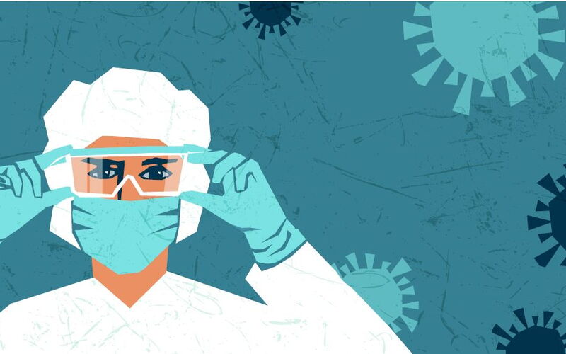 Illustration of a woman in PSA. She is wearing a respirator and holding both hands to her safety goggles.