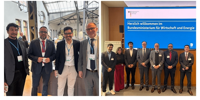 Photo: Delegation of Inmetro in Berlin. Left picture (left to right: M. Gomes – GPQI BRA, M. Pereira – Inmetro, F. Meneses - GPQI BRA, G. Kuster - Inmetro), right picture (left to right: F. Meneses, C. Amarante - GPQI, M. Gomes, Boris Bohme – BMWE, G. Kuster, M. Pereira, J. Martins Neto - Brazilian Embassy in Berlin)